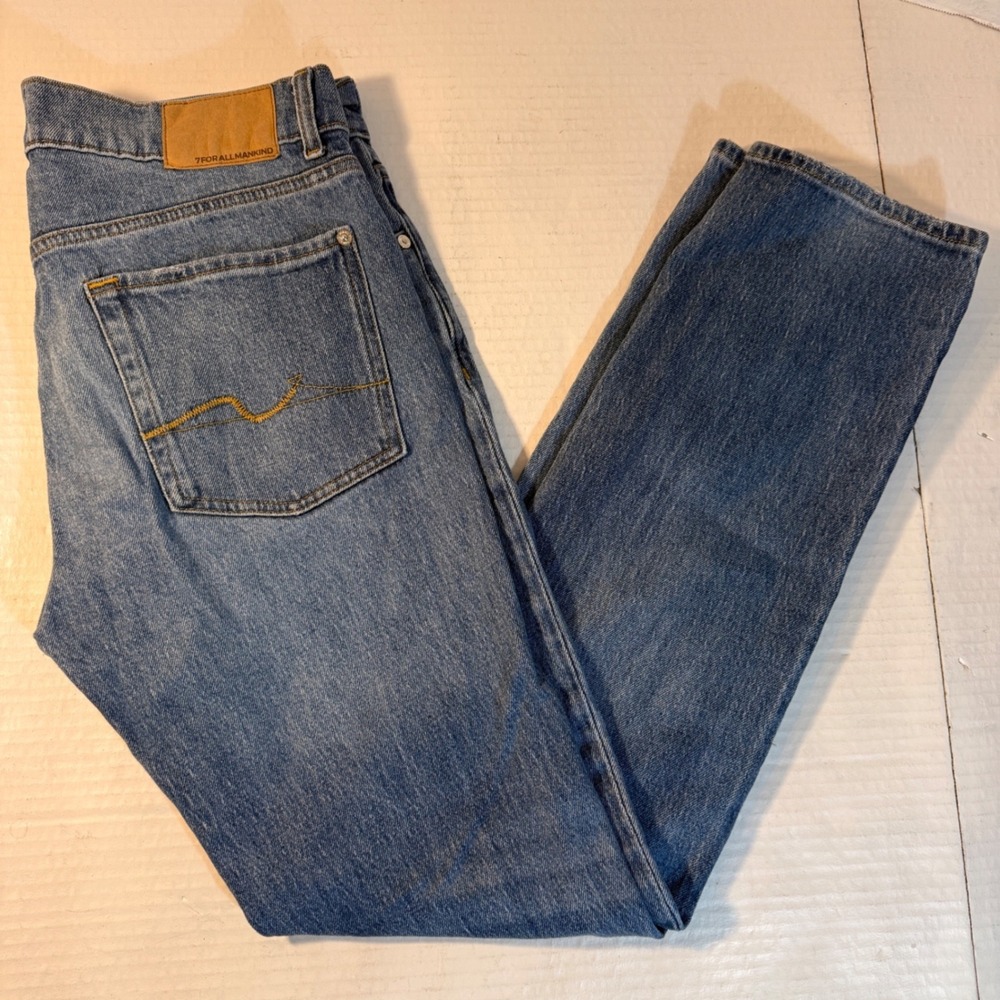 7 For‎ All Mankind Mens 33 Slimmy Lagoon Blue Denim Jeans Slim Fit Straight Leg